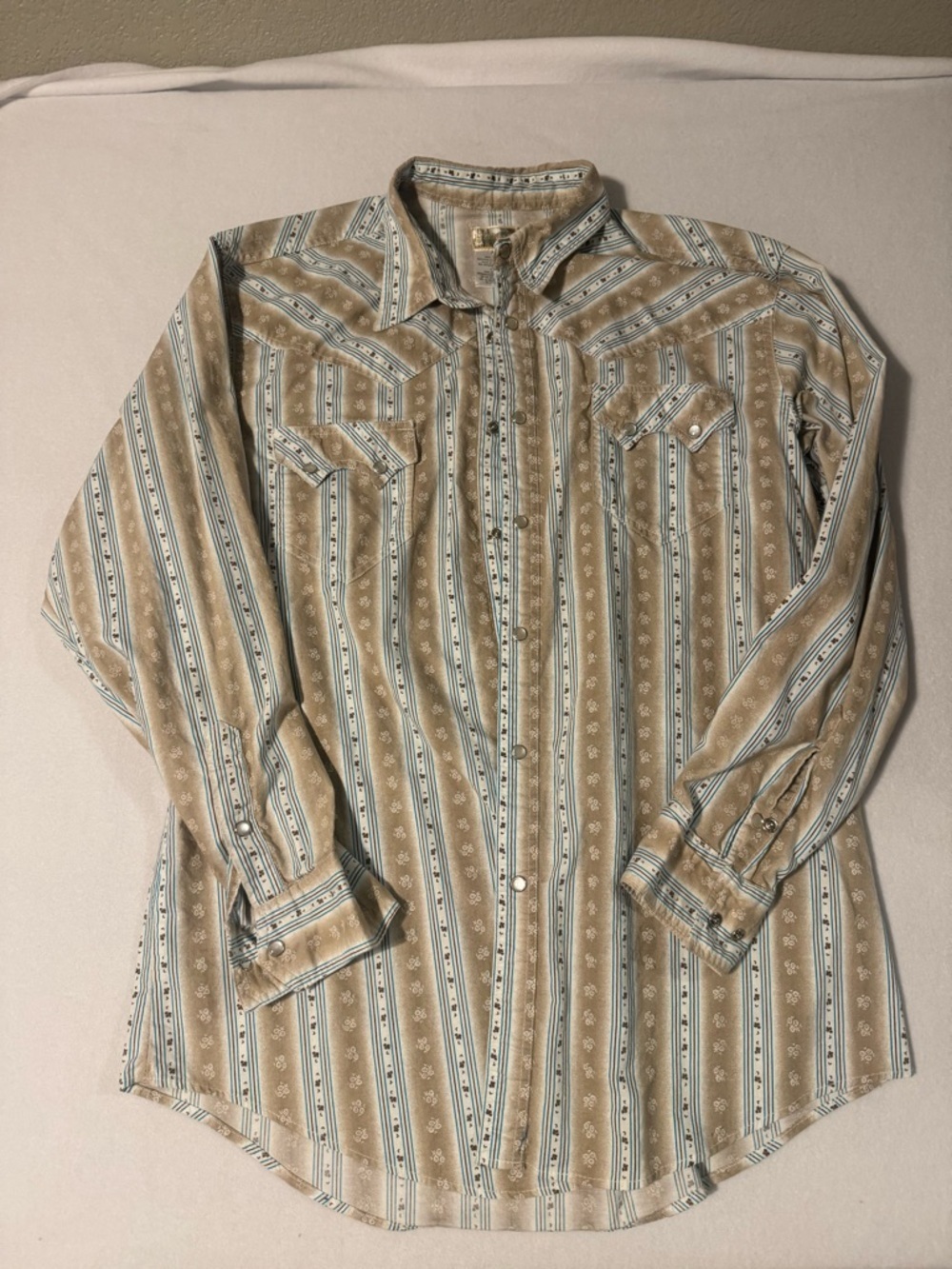 Express Men's Beige and Cream Striped Western Button-Down Shirt